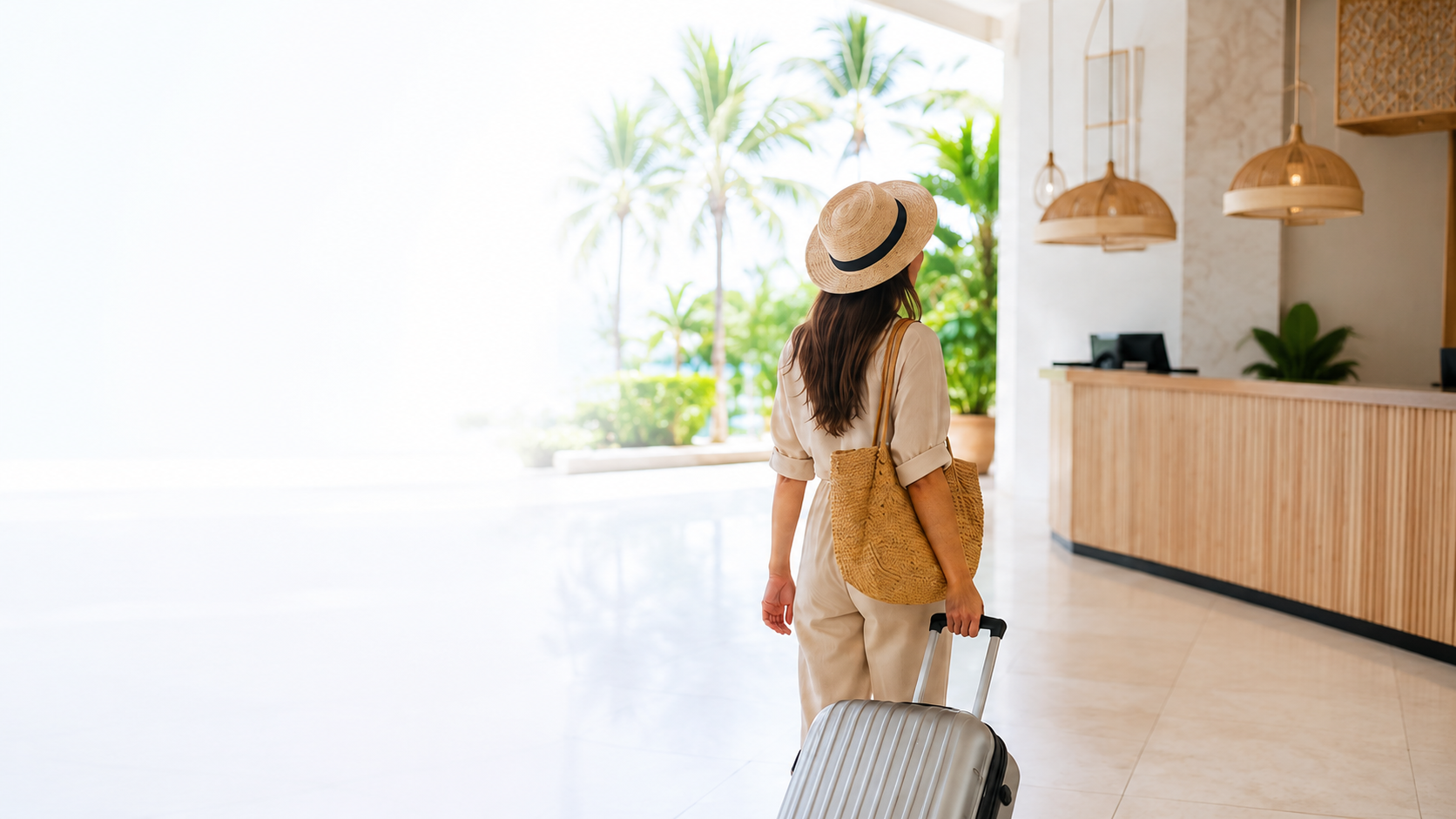 Traveler with a suitcase and sun hat arriving at a Philippine resort lobby lined with palm trees